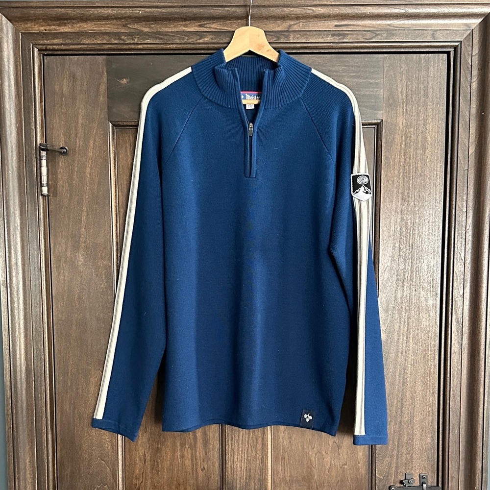 Navy Zip-Up Sweater with White Stripes